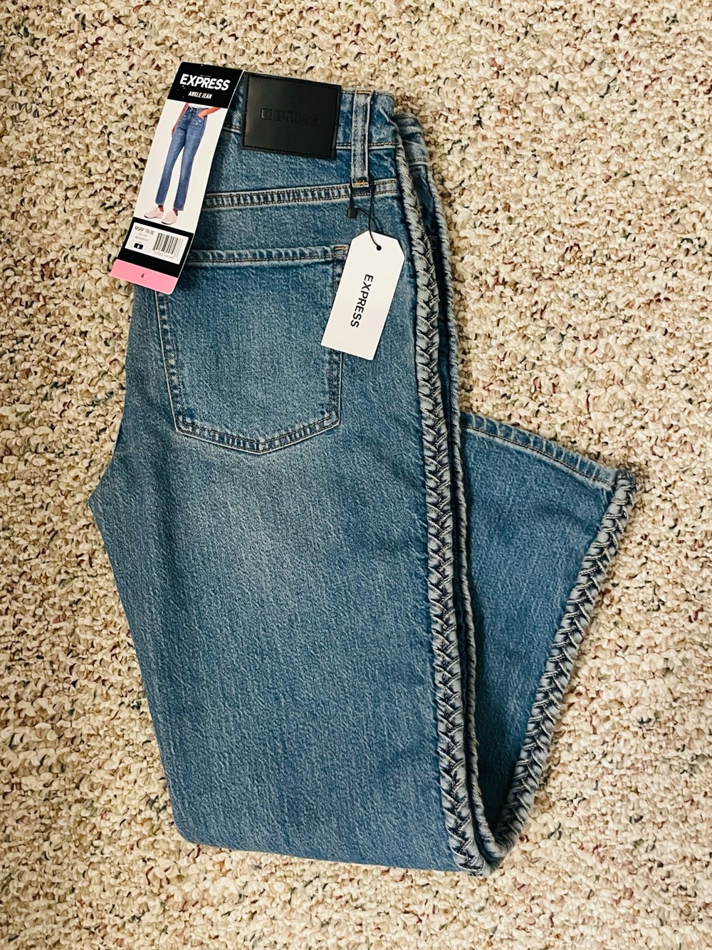 Express Women's Medium Blue Ankle Crop Jeans with Braid Detail Size 6 NWT